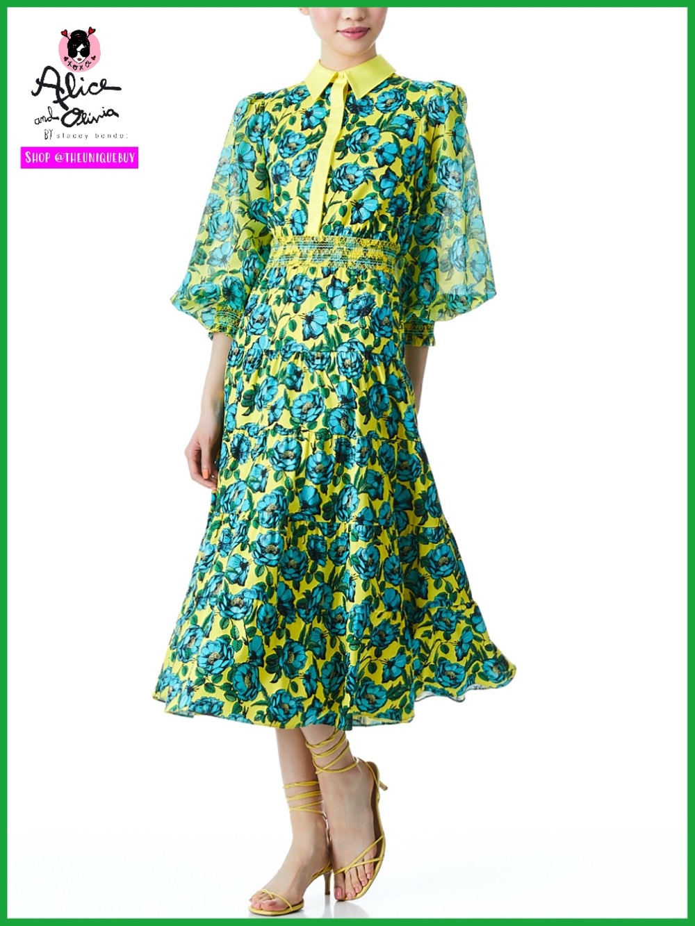 Alice + Olivia Anaya Yellow Multi Floral Collared Midi Dress